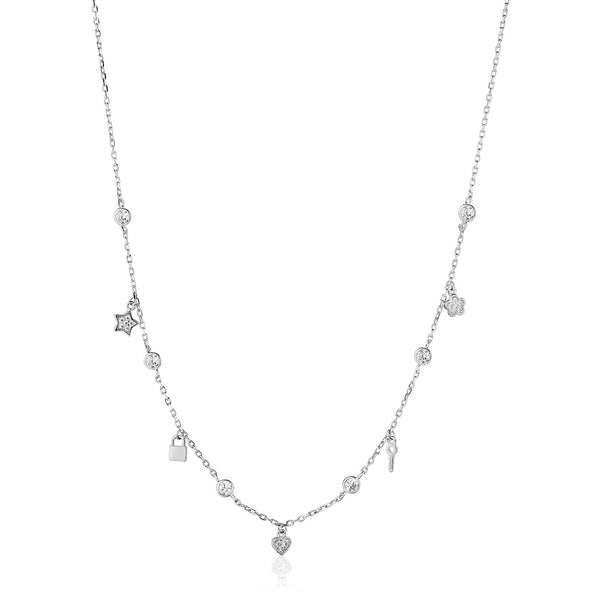 Sterling Silver 18 inch Necklace with Novelty Dangles and Cubic Zicronias