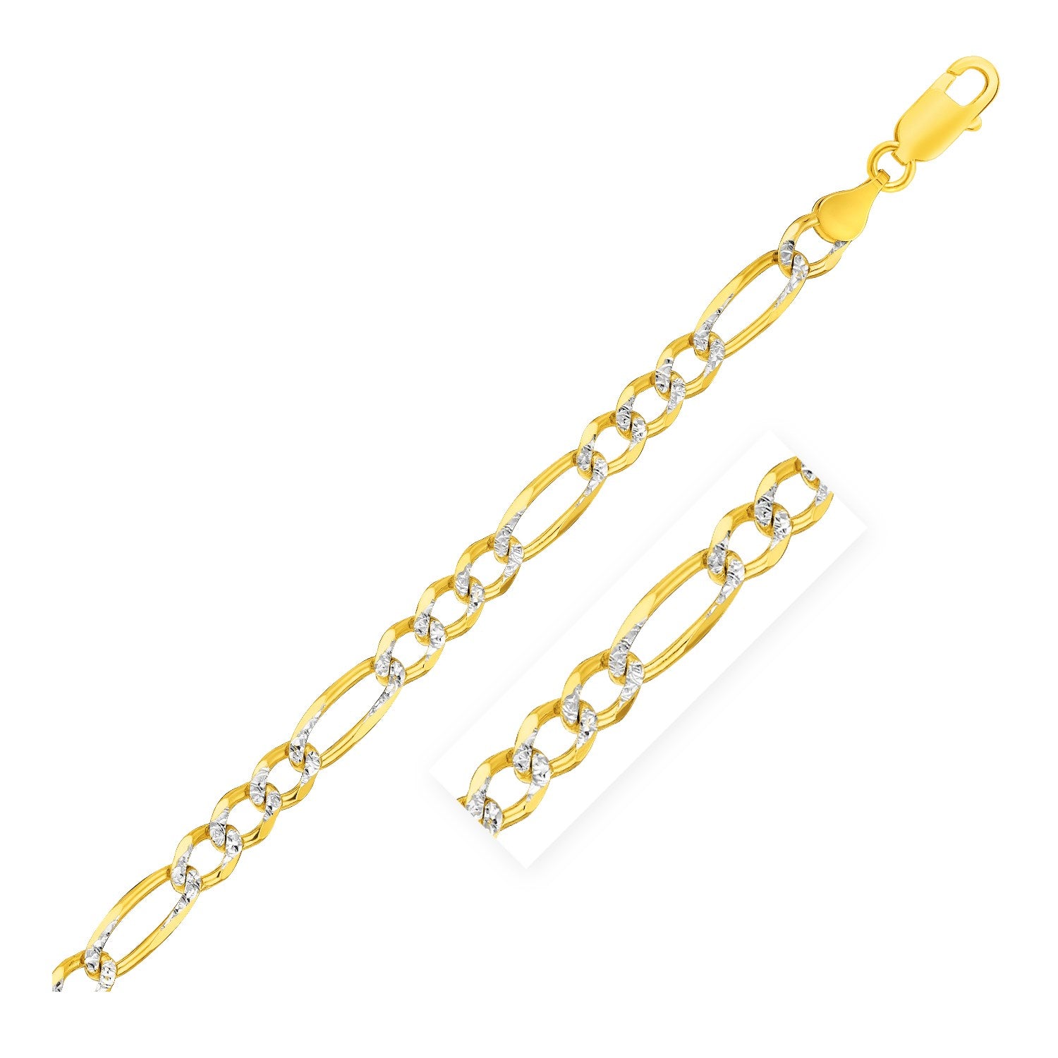 7.0mm 14K Yellow Two Tone Solid Pave Figaro Bracelet