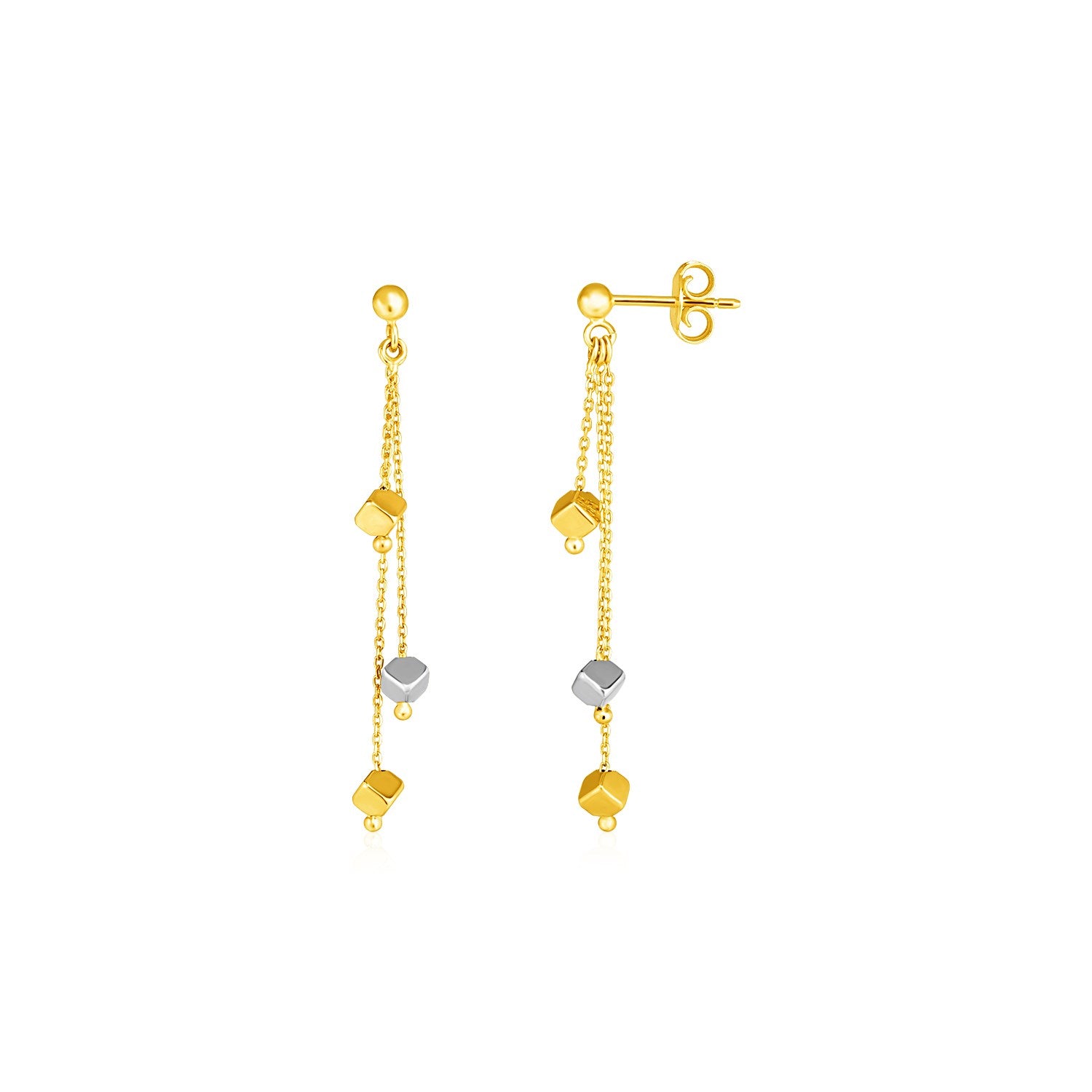 114k Two Tone Gold Post Earrings with Polished Cube Dangles