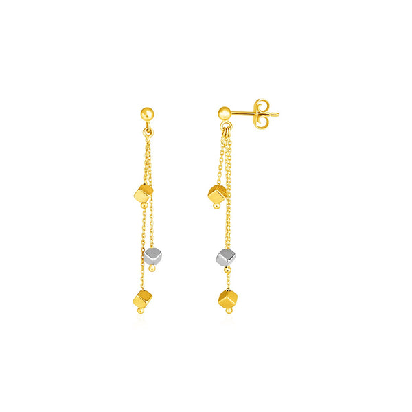 114k Two Tone Gold Post Earrings with Polished Cube Dangles