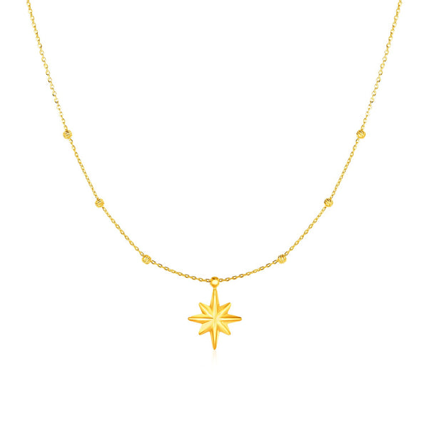 14k Yellow Gold Necklace with Eight Pointed Star and Beads