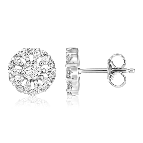 Sterling Silver Polished Halo Set Cubic Zirconia Earrings