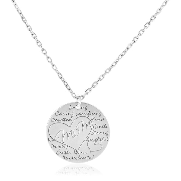 Sterling Silver 18 inch Necklace with Engraved Round Mom Pendant