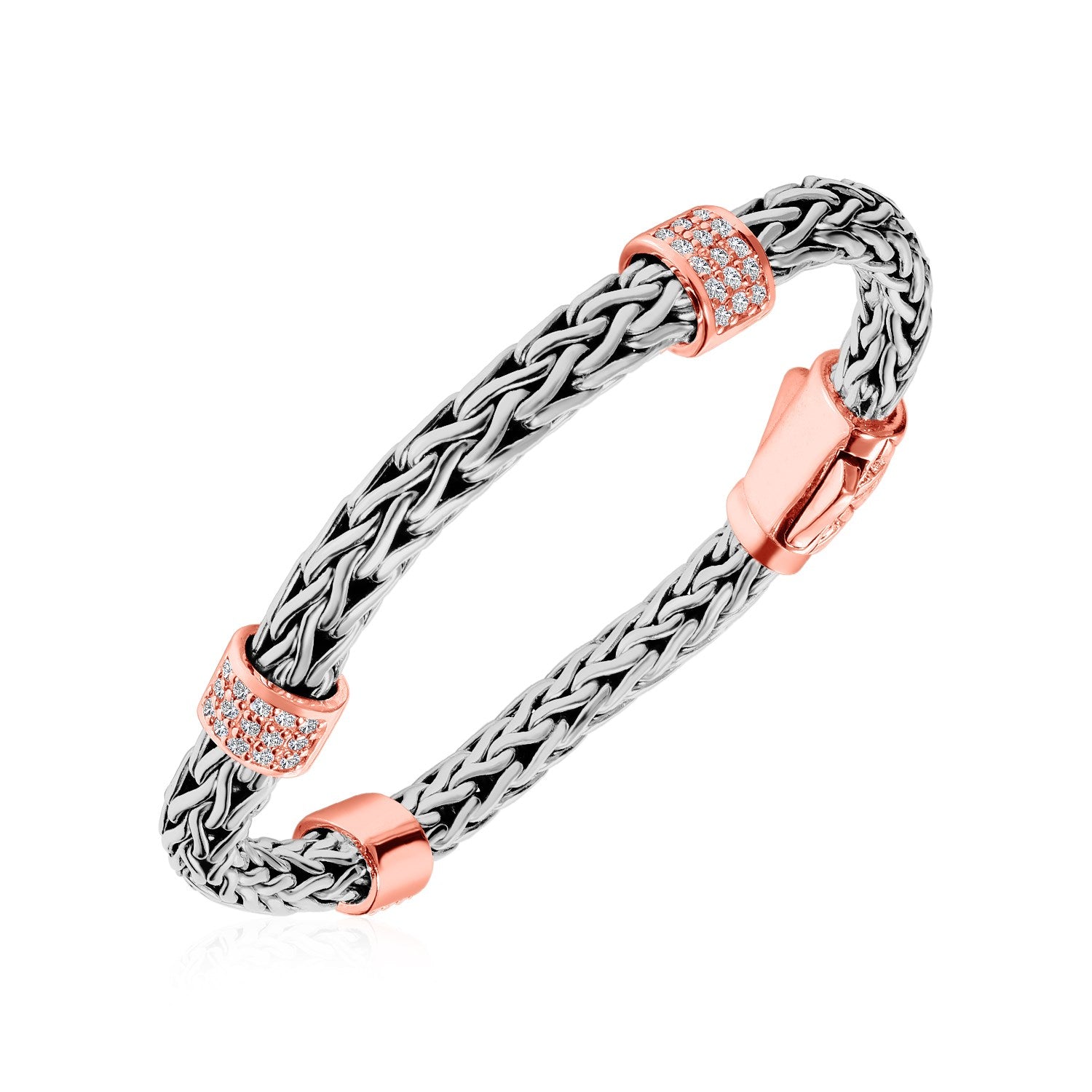 Woven Bracelet with Rose Finish Accents and White Sapphires in Sterling Silver