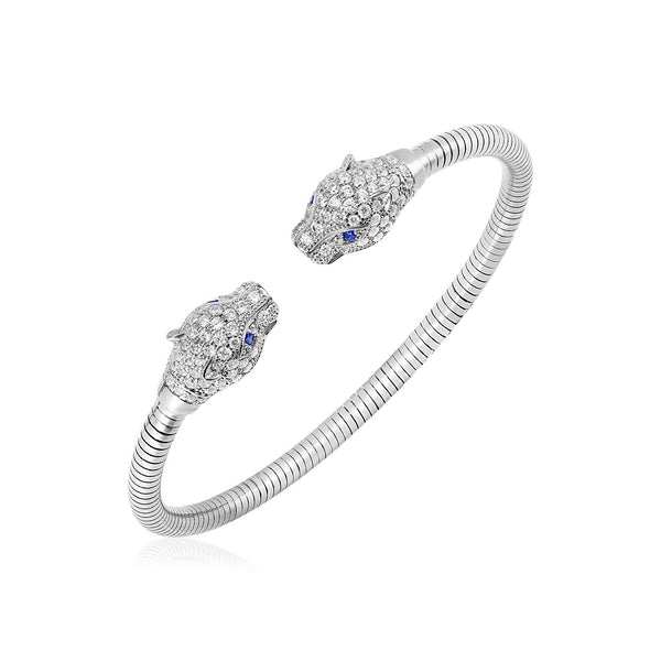 Sterling Silver Panther Head Cuff Bangle with White and Blue Cubic Zirconias