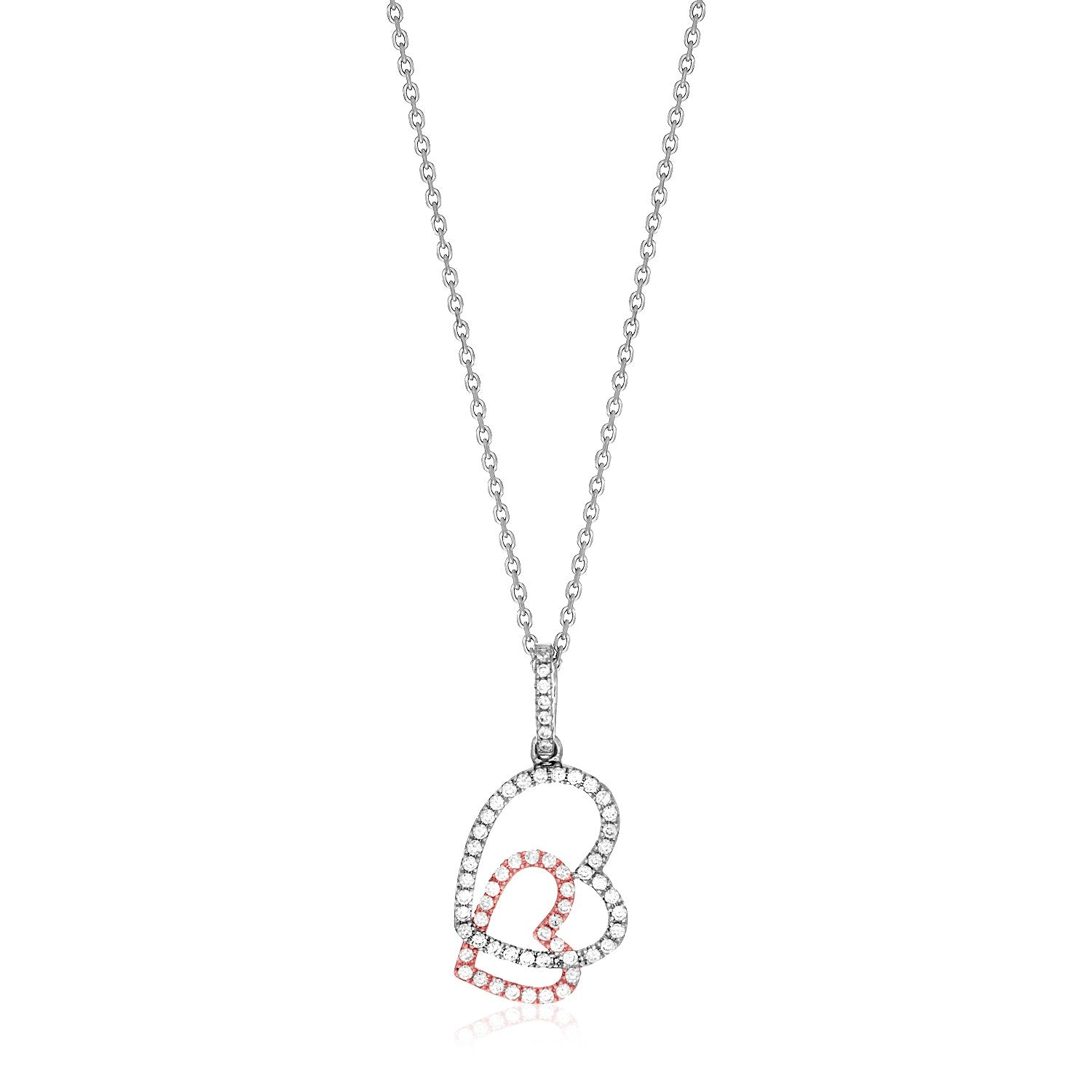 Sterling Silver Two Toned Necklace with Hearts and Cubic Zirconias