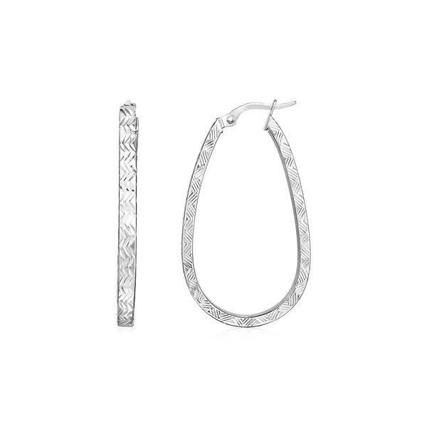 14k White Gold Oval Shaped Textured Hoop Earrings