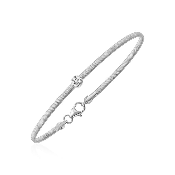 14k White Gold Bangle with Brushed Texture and Diamonds