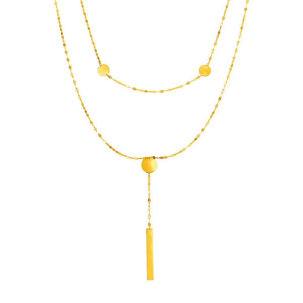 14k Yellow Gold Two Strand Necklace with Polished Circles and Bar Drop