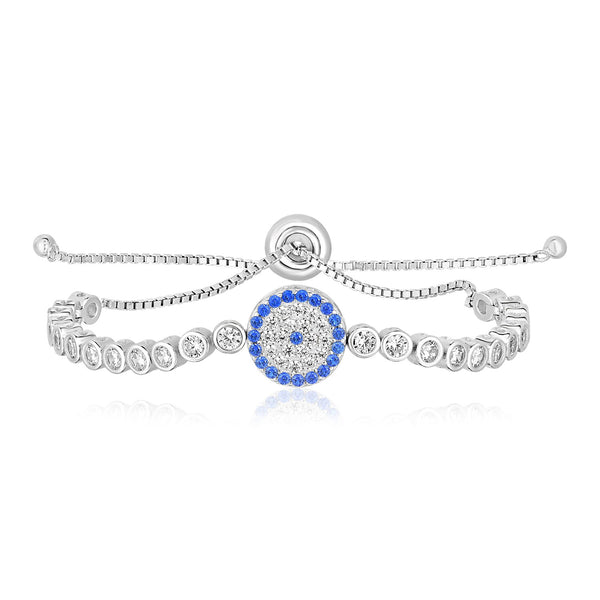 Sterling Silver Adjustable Enameled Eye Motif Bracelet with Cubic Zirconias