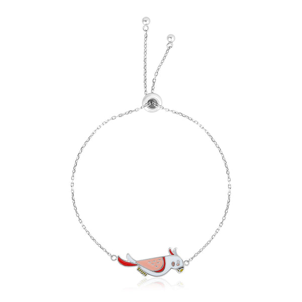 Sterling Silver 9 1/4 inch Adjustable Bracelet with Enameled Pink and White Bird