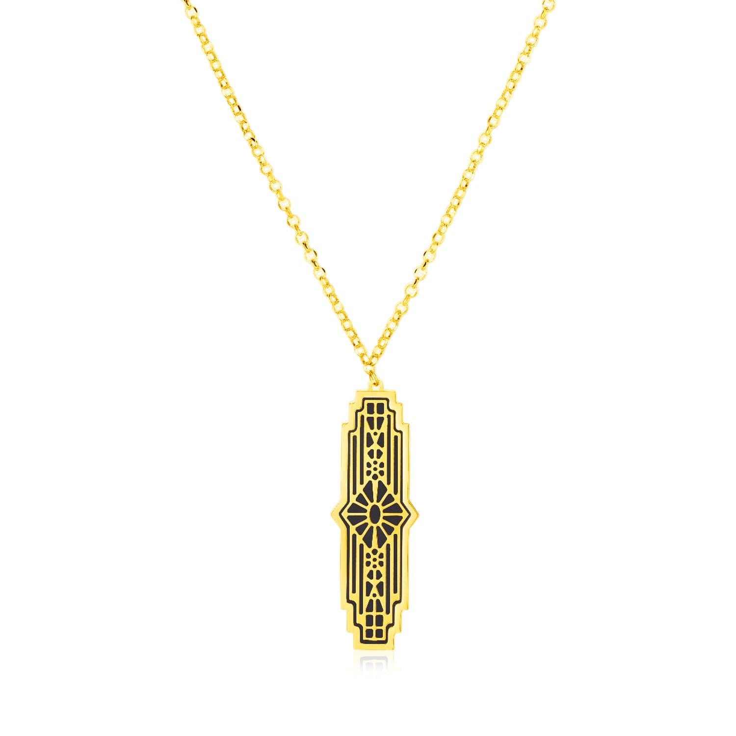 14K Yellow Gold Art Deco Necklace with Black Onyx Inlay