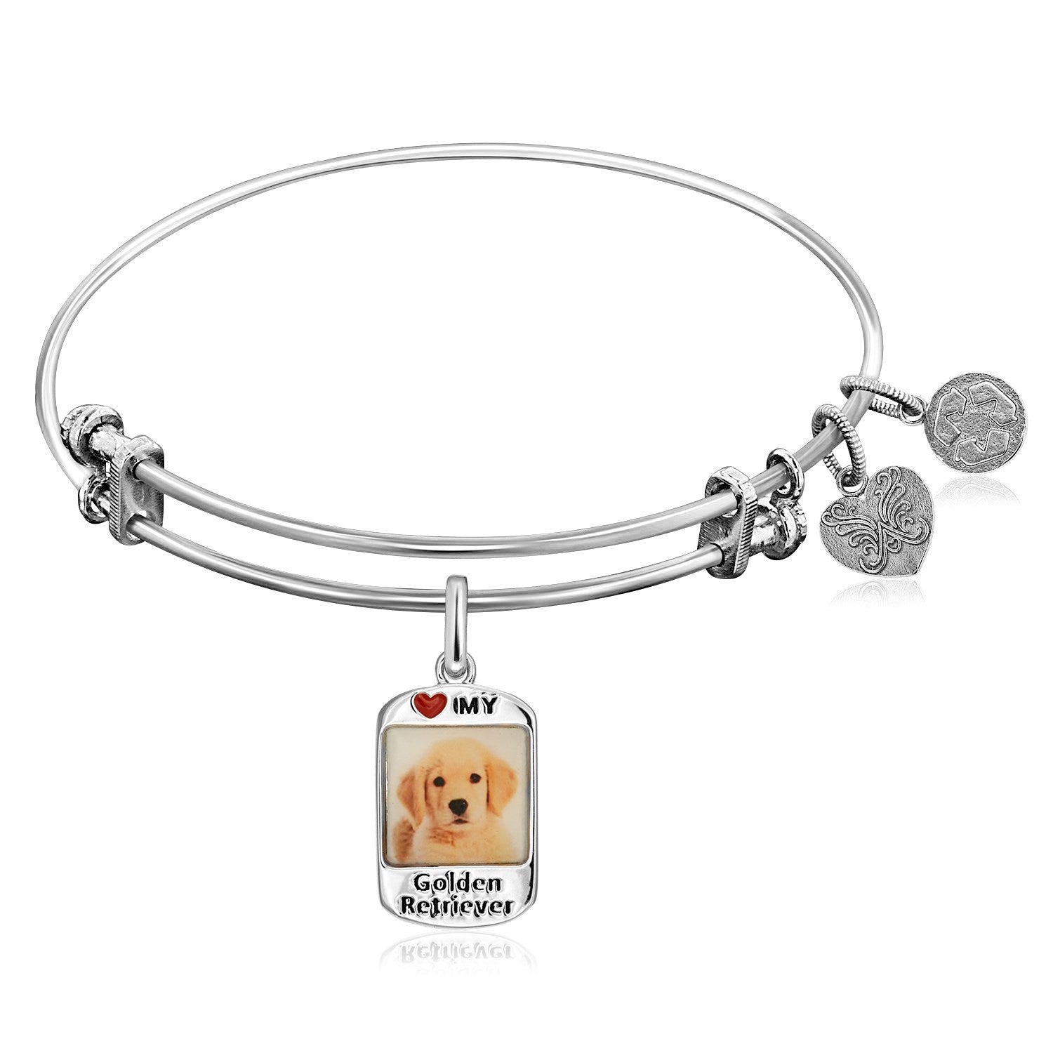 Expandable White Tone Brass Bangle with Golden Retriever Dog Charm