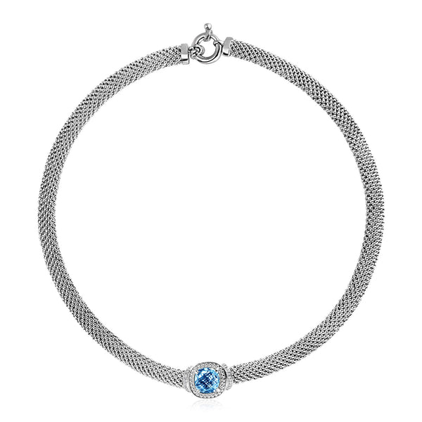 Popcorn Texture Necklace with Blue Topaz and Diamonds in Sterling Silver