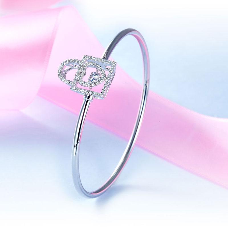 Heart Lock Dancing Stone Bangle Solid 925 Sterling Silver Good for Bridal Brides