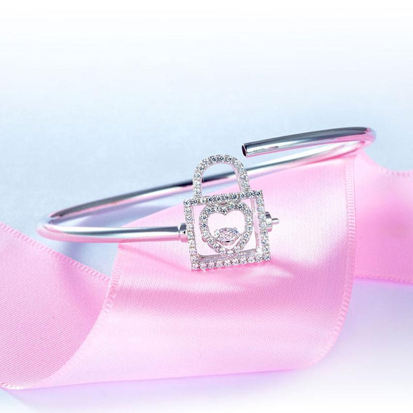 Heart Lock Dancing Stone Bangle Solid 925 Sterling Silver Good for Bridal Brides