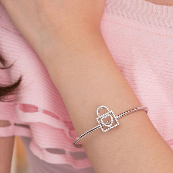 Heart Lock Dancing Stone Bangle Solid 925 Sterling Silver Good for Bridal Brides