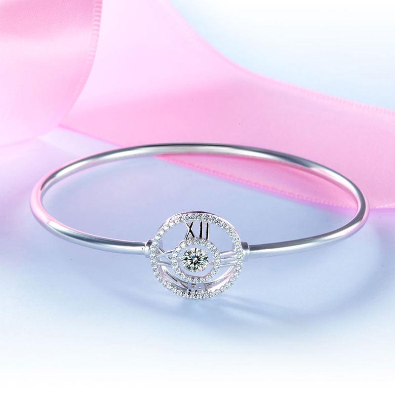 Roman Number Dancing Stone Bangle Solid 925 Sterling Silver for Women XFB8012