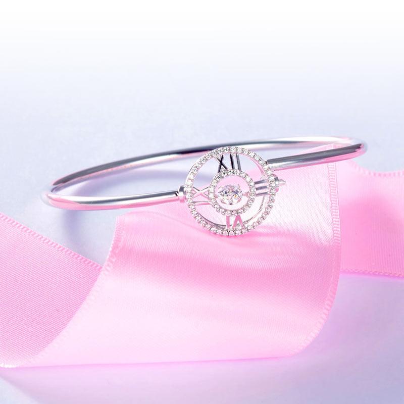 Roman Number Dancing Stone Bangle Solid 925 Sterling Silver for Women XFB8012