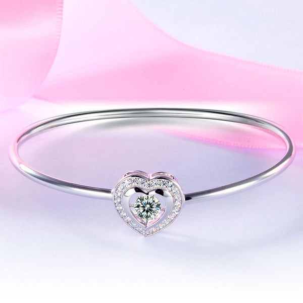 Dancing Stone Heart Bangle Solid 925 Sterling Silver Bridal Wedding XFB8014