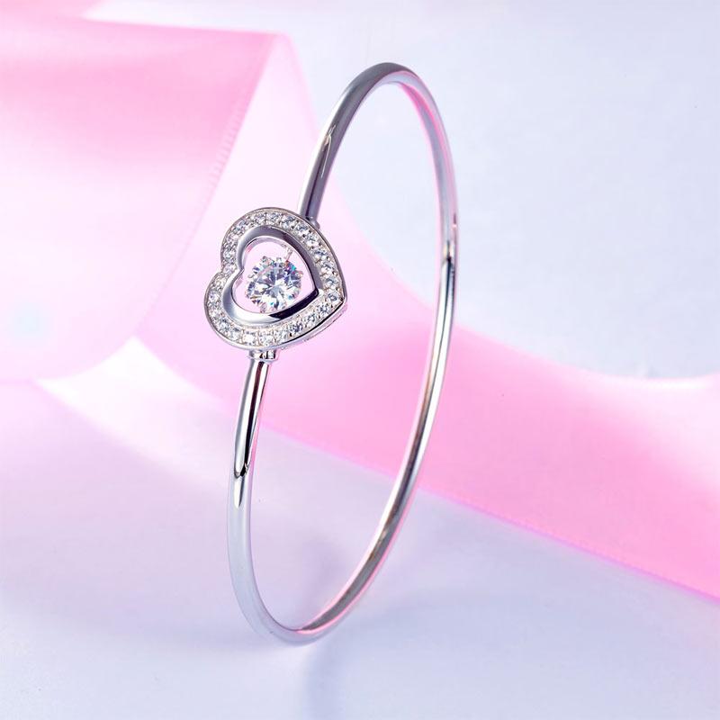 Dancing Stone Heart Bangle Solid 925 Sterling Silver Bridal Wedding XFB8014