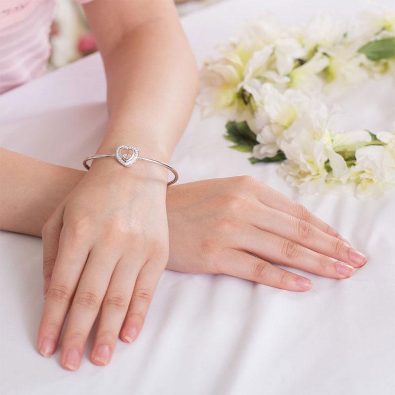 Dancing Stone Heart Bangle Solid 925 Sterling Silver Bridal Wedding XFB8014