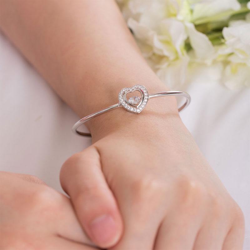 Dancing Stone Heart Bangle Solid 925 Sterling Silver Bridal Wedding XFB8014