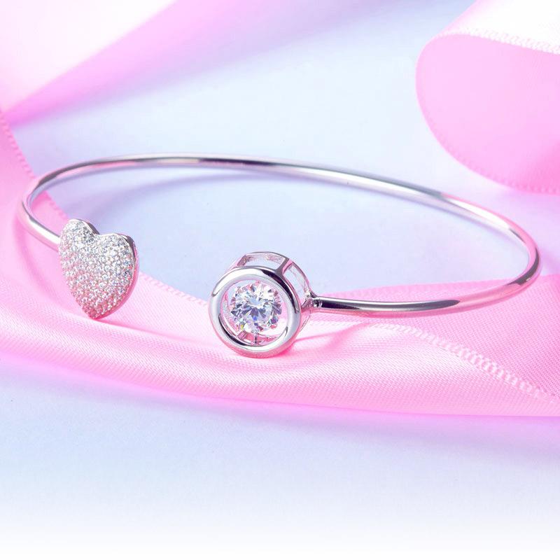 Dancing Stone Heart Bangle Solid 925 Sterling Silver Bridal Wedding XFB8016