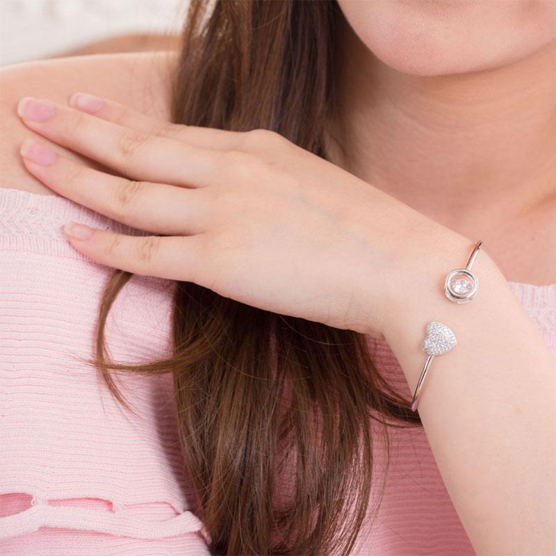 Dancing Stone Heart Bangle Solid 925 Sterling Silver Bridal Wedding XFB8016