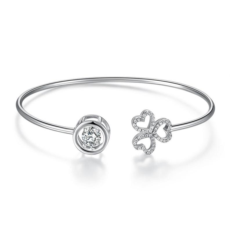 Dancing Stone 3 Hearts Flower Bangle Solid 925 Sterling Silver Bridal Wedding XF