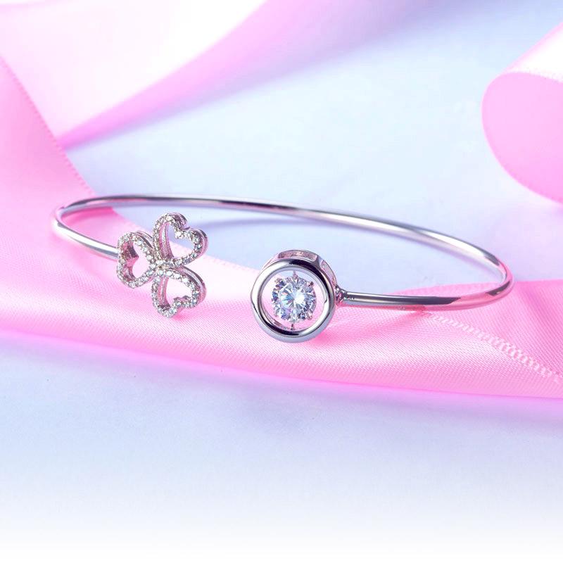 Dancing Stone 3 Hearts Flower Bangle Solid 925 Sterling Silver Bridal Wedding XF
