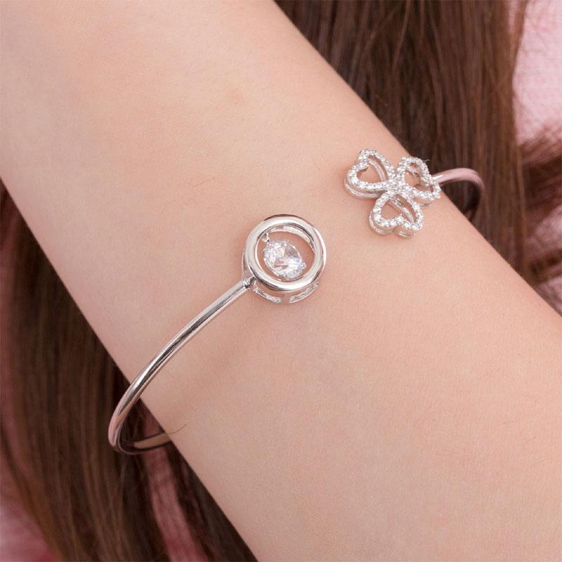 Dancing Stone 3 Hearts Flower Bangle Solid 925 Sterling Silver Bridal Wedding XF