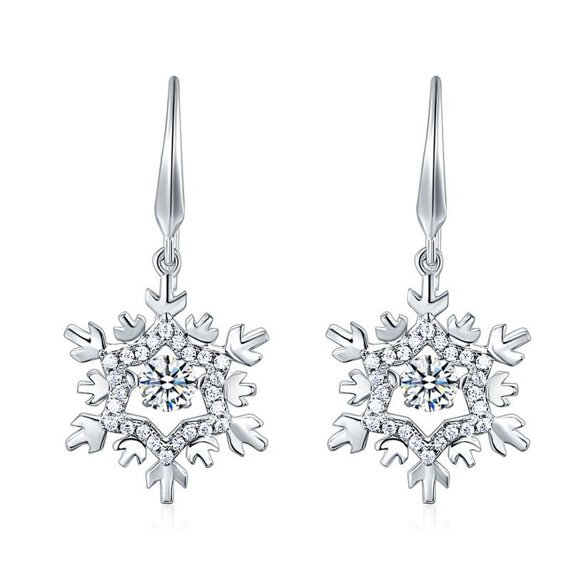 Classic Dancing Stone Dangle Drop Earrings Snowflake 925 Sterling Silver Wedding