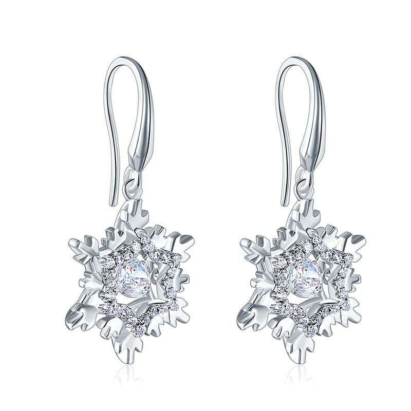 Classic Dancing Stone Dangle Drop Earrings Snowflake 925 Sterling Silver Wedding