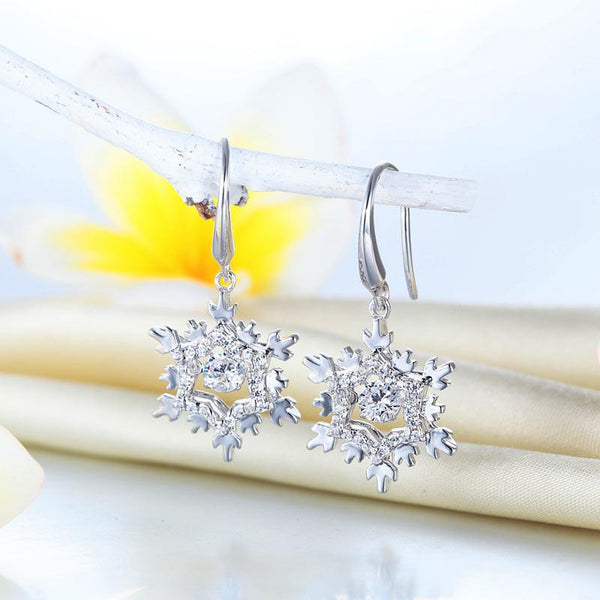 Classic Dancing Stone Dangle Drop Earrings Snowflake 925 Sterling Silver Wedding