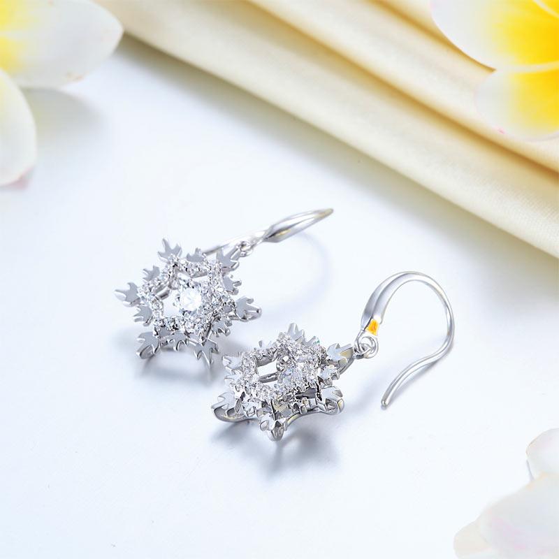 Classic Dancing Stone Dangle Drop Earrings Snowflake 925 Sterling Silver Wedding