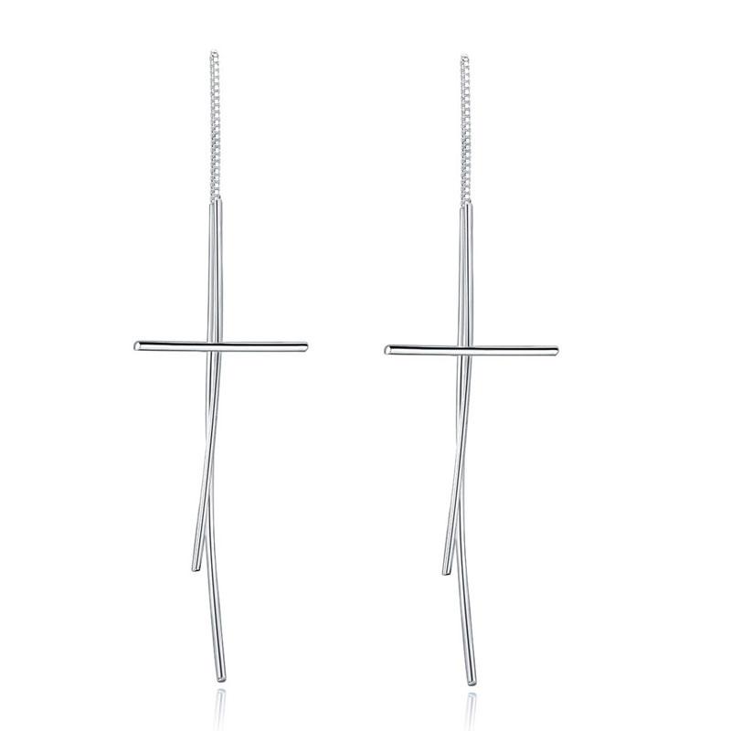 Dangle Drop Cross 925 Sterling Silver Earrings Long Elegant XFE8137