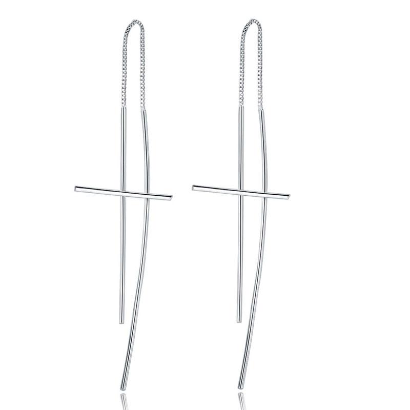 Dangle Drop Cross 925 Sterling Silver Earrings Long Elegant XFE8137