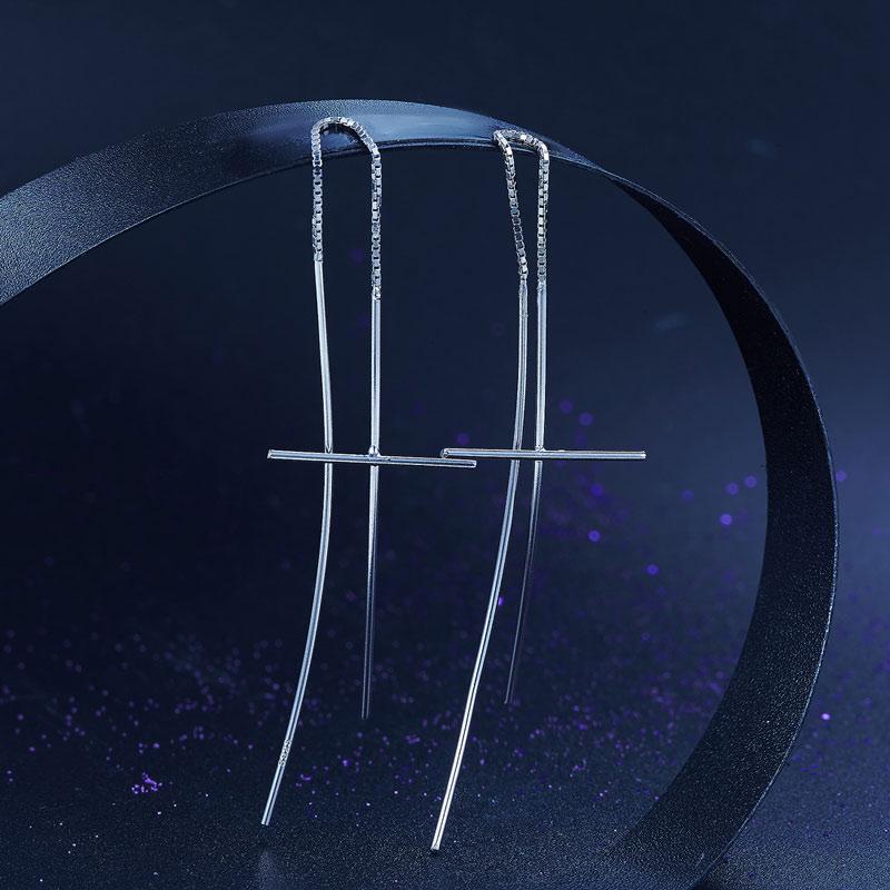 Dangle Drop Cross 925 Sterling Silver Earrings Long Elegant XFE8137