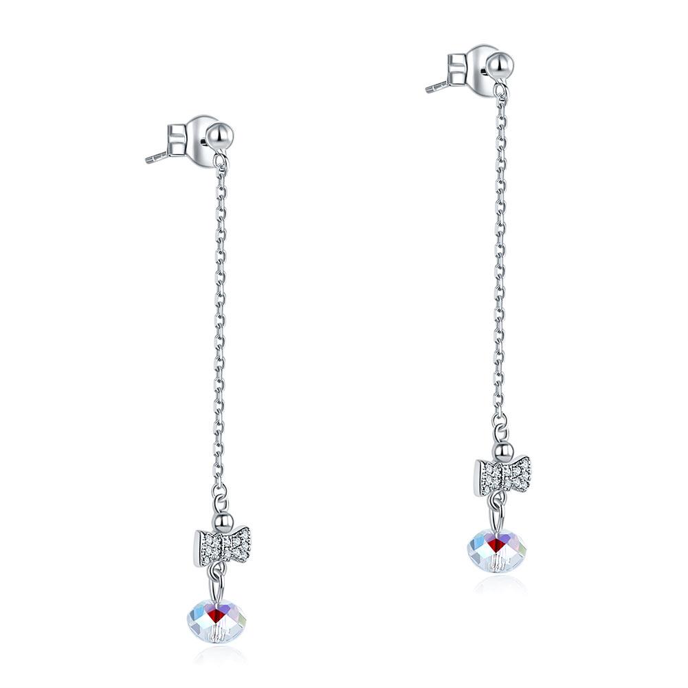 Solid 925 Sterling Silver Drop Dangle Ribbon AB Crystal Earrings