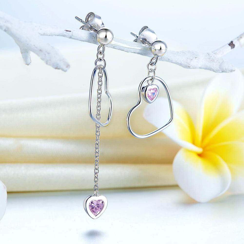 925 Sterling Silver Dangle Drop Pink Heart Earrings XFE8152