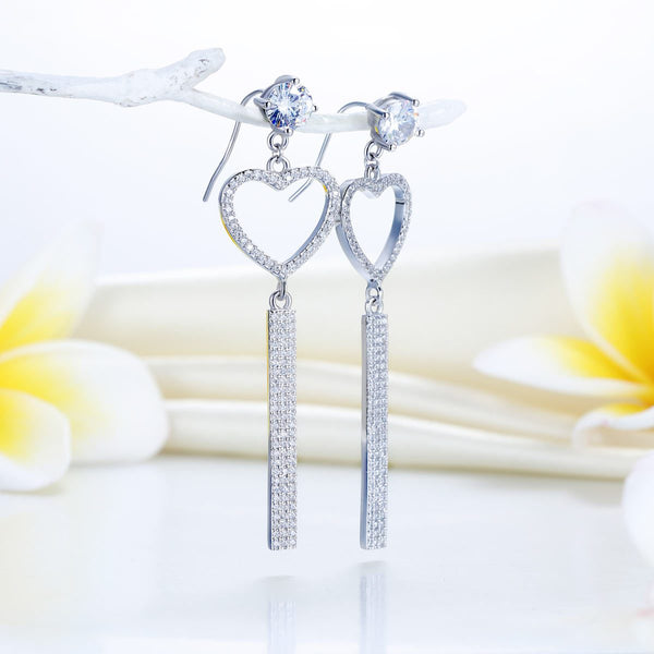 Dangle Heart Luxury Solid 925 Sterling Silver Earrings for Wedding Party