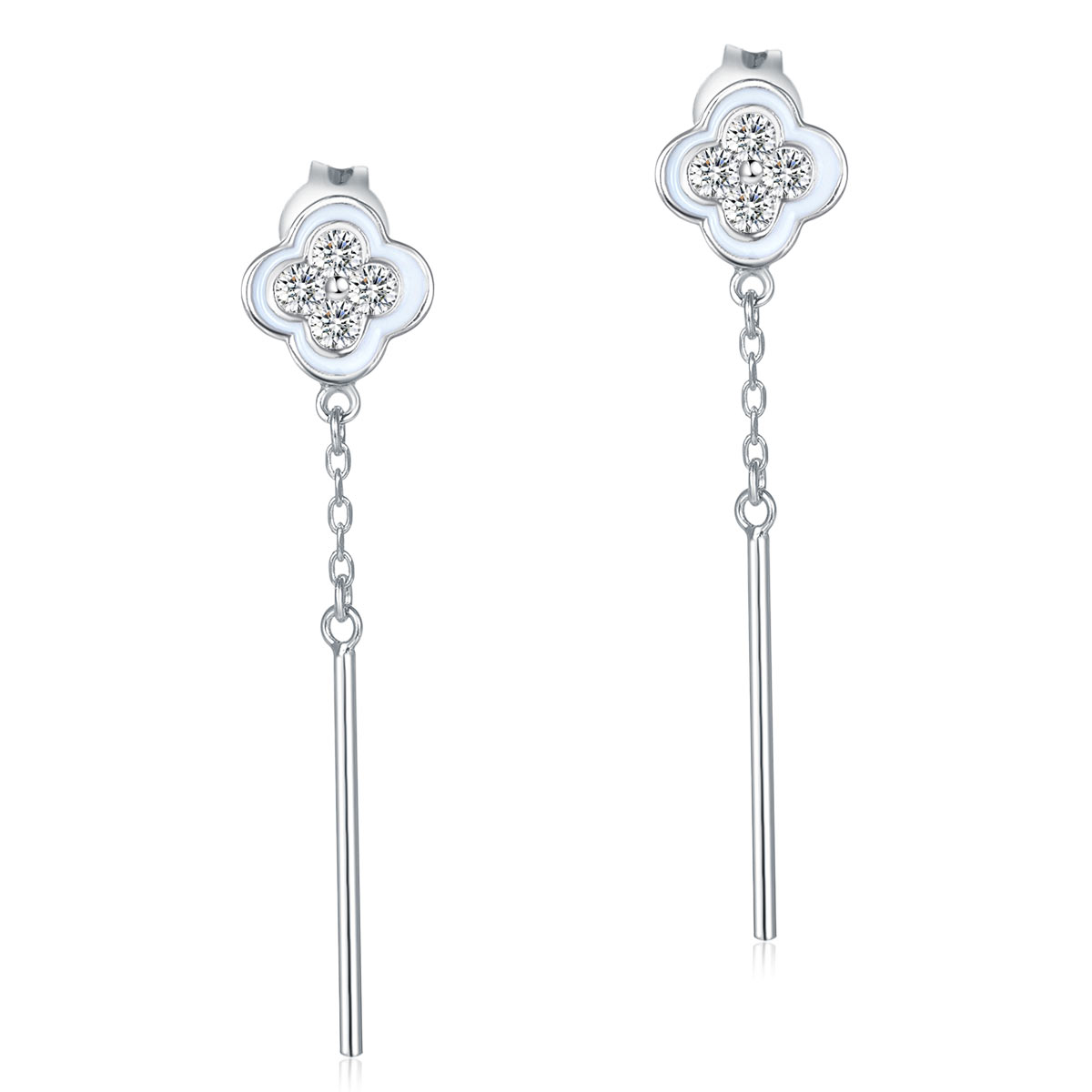 Elegant Solid 925 Sterling Silver Earrings Dangle Flowers Created Diamonds XFE81