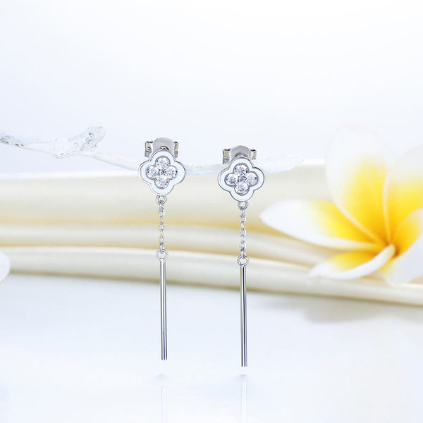 Elegant Solid 925 Sterling Silver Earrings Dangle Flowers Created Diamonds XFE81