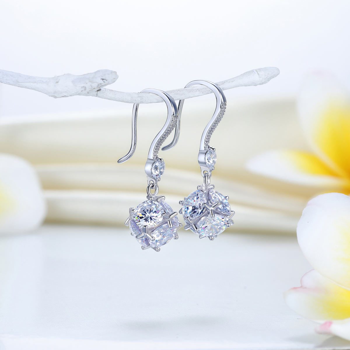 Solid 925 Sterling Silver Earrings Cube Created Diamond Fashion Bridal Bridesmai