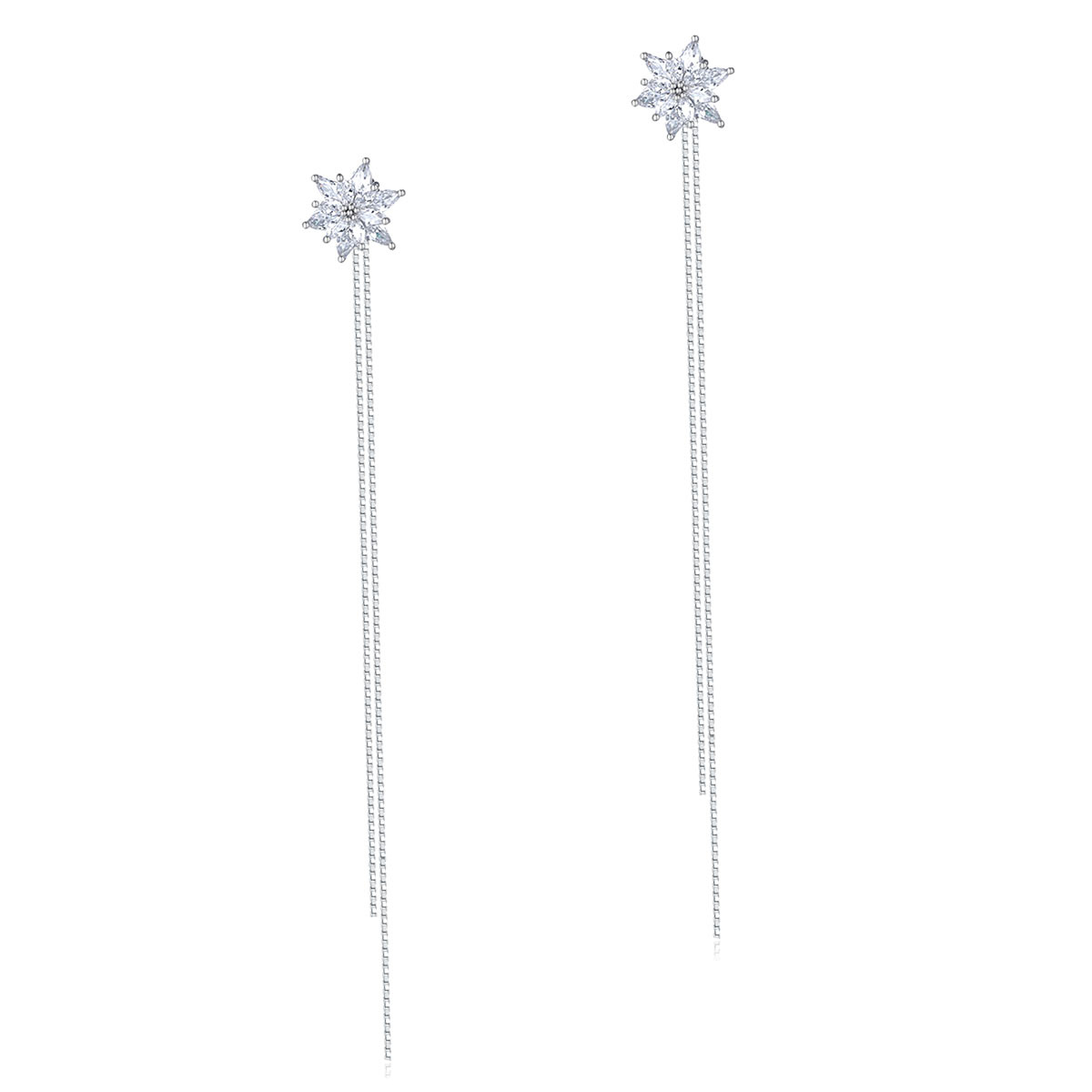 Long Elegant Solid 925 Sterling Silver Earrings Flowers Created Diamonds XFE8159