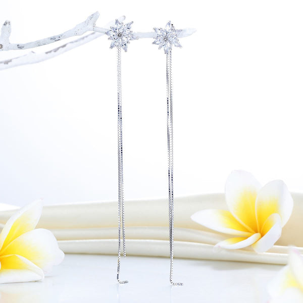 Long Elegant Solid 925 Sterling Silver Earrings Flowers Created Diamonds XFE8159