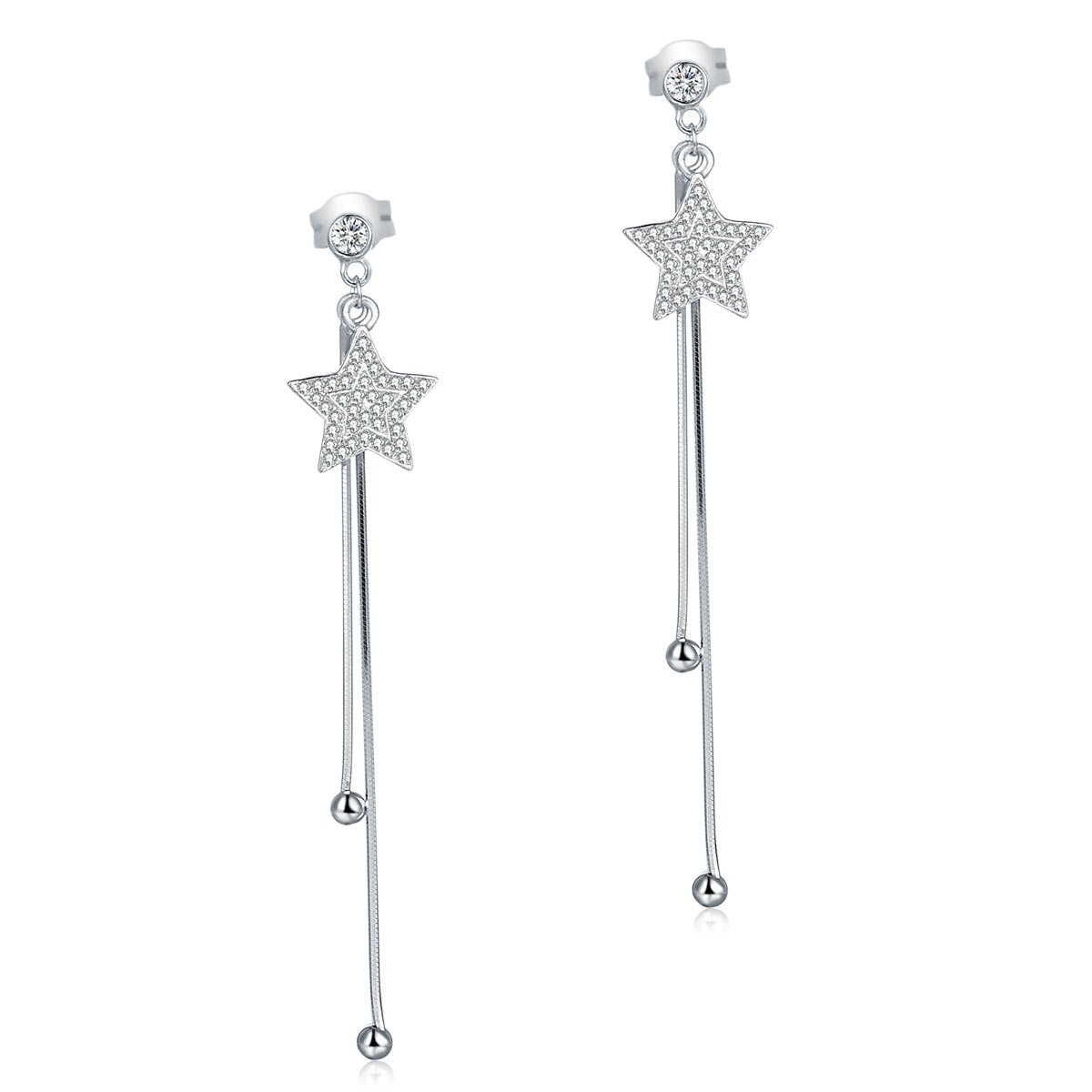 Long Elegant Solid 925 Sterling Silver Earrings Star Created Diamonds