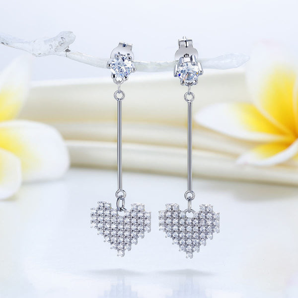 Dangle Heart Solid 925 Sterling Silver Earrings Evening / Fashion Bridal Bridesm