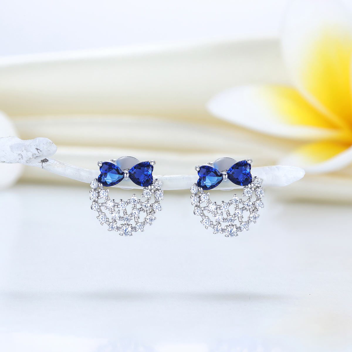 Solid 925 Sterling Silver Stud Earrings Blue Created Diamonds